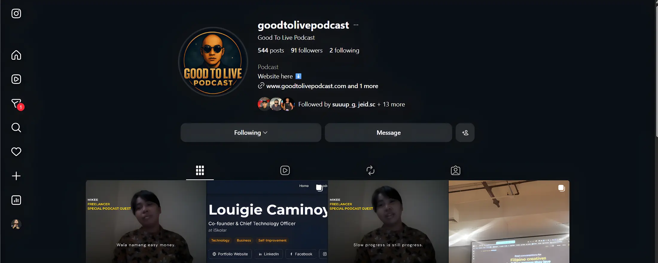 Good To Live Instagram profile grid of clips and posts