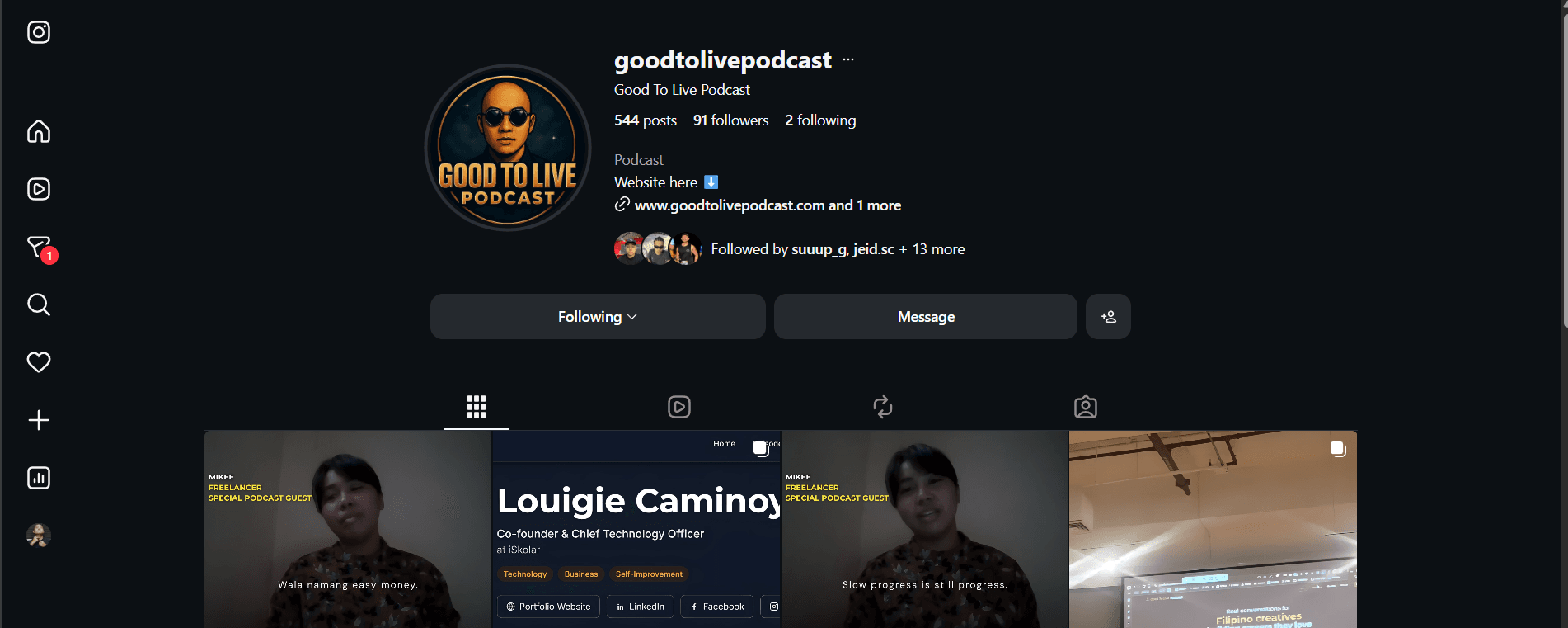 Good To Live Podcast Instagram profile with vertical clip thumbnails visible