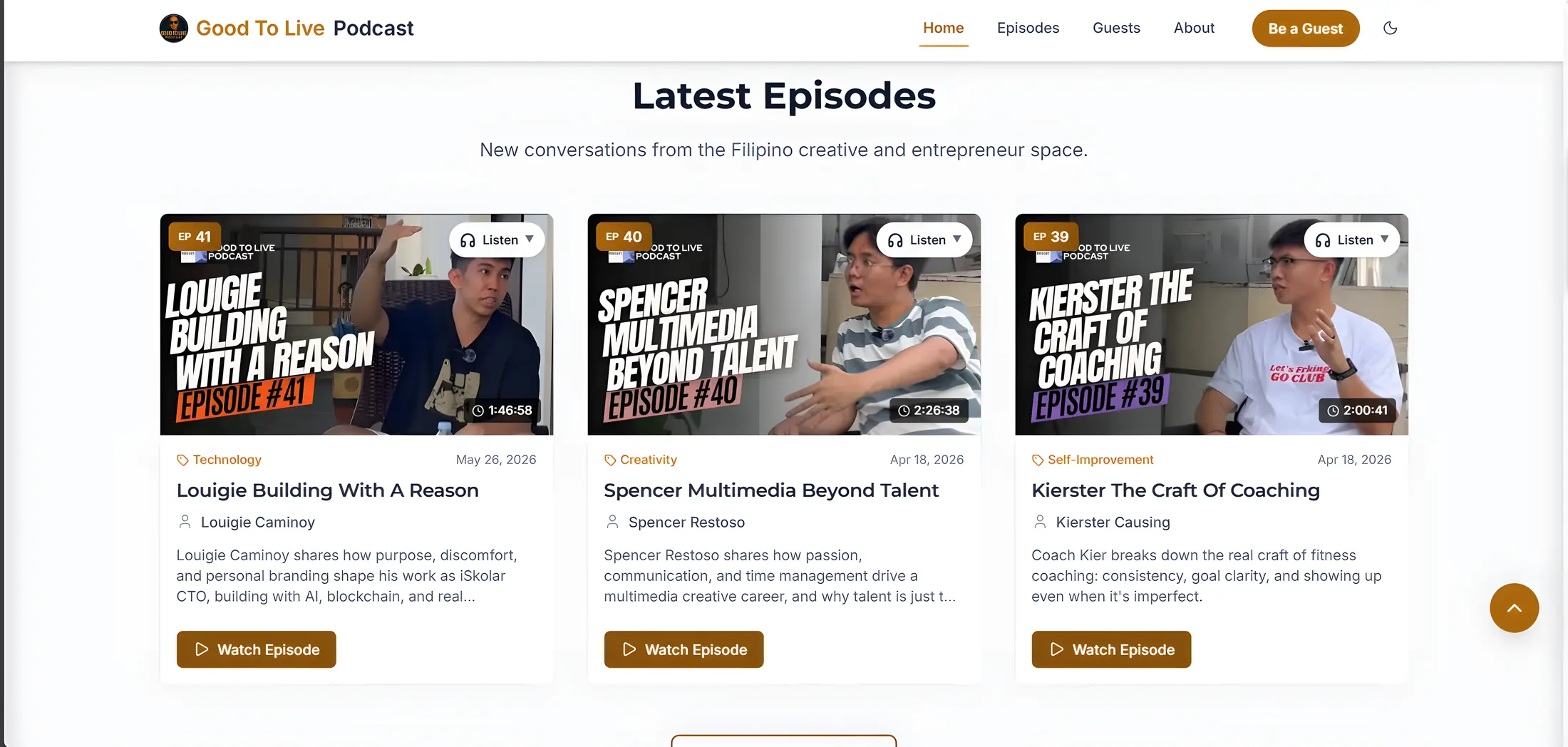 Good To Live Podcast latest episodes page with published interview cards
