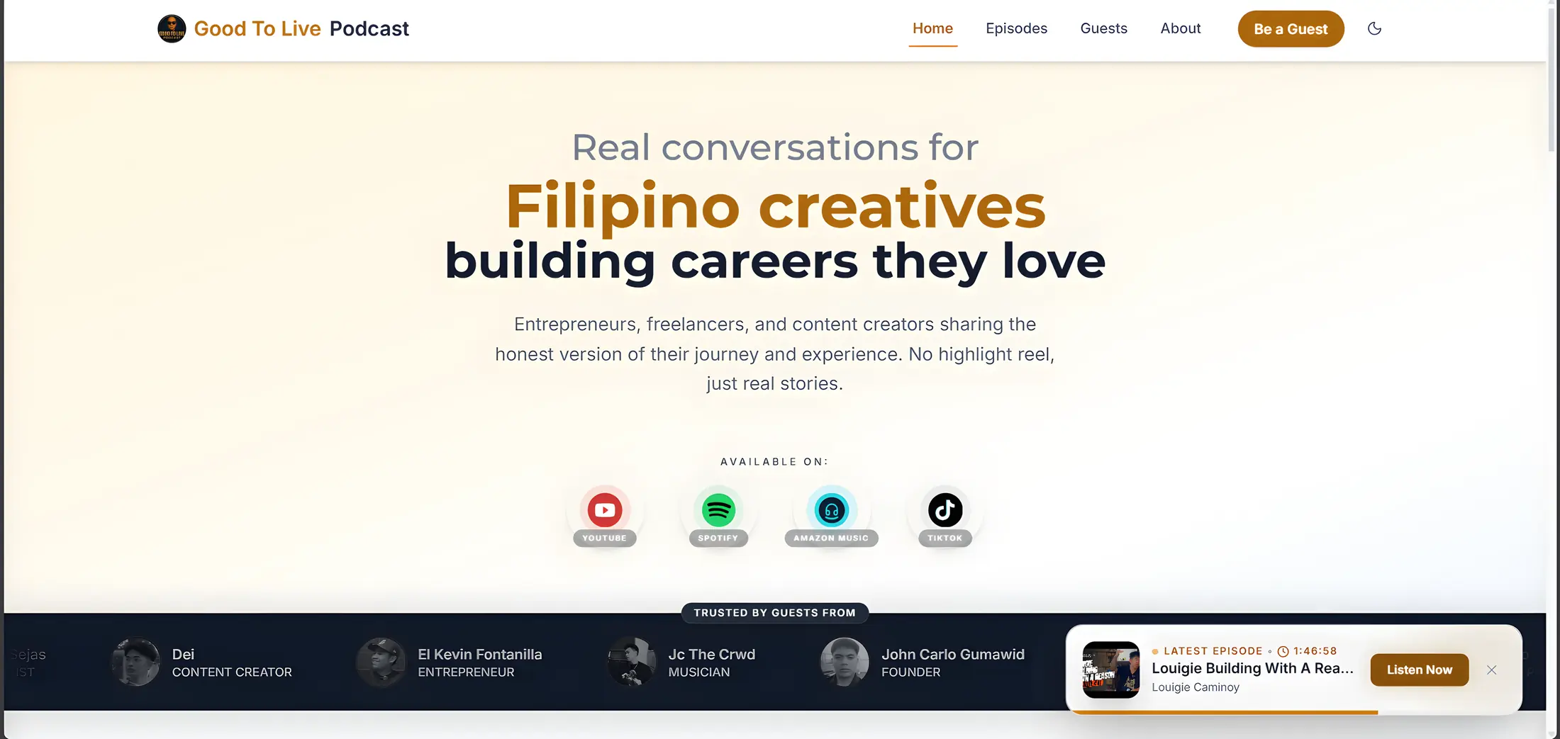 Good To Live Podcast website home page for Filipino creatives building careers they love