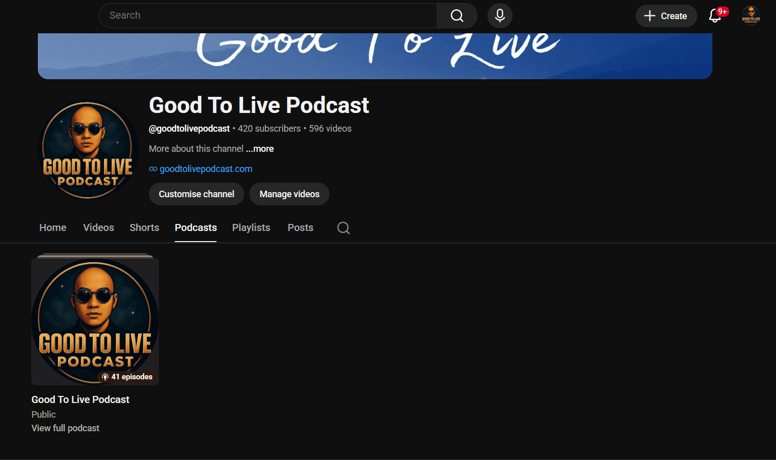 Good To Live Podcast YouTube profile with the podcast tab and 41 episode count visible